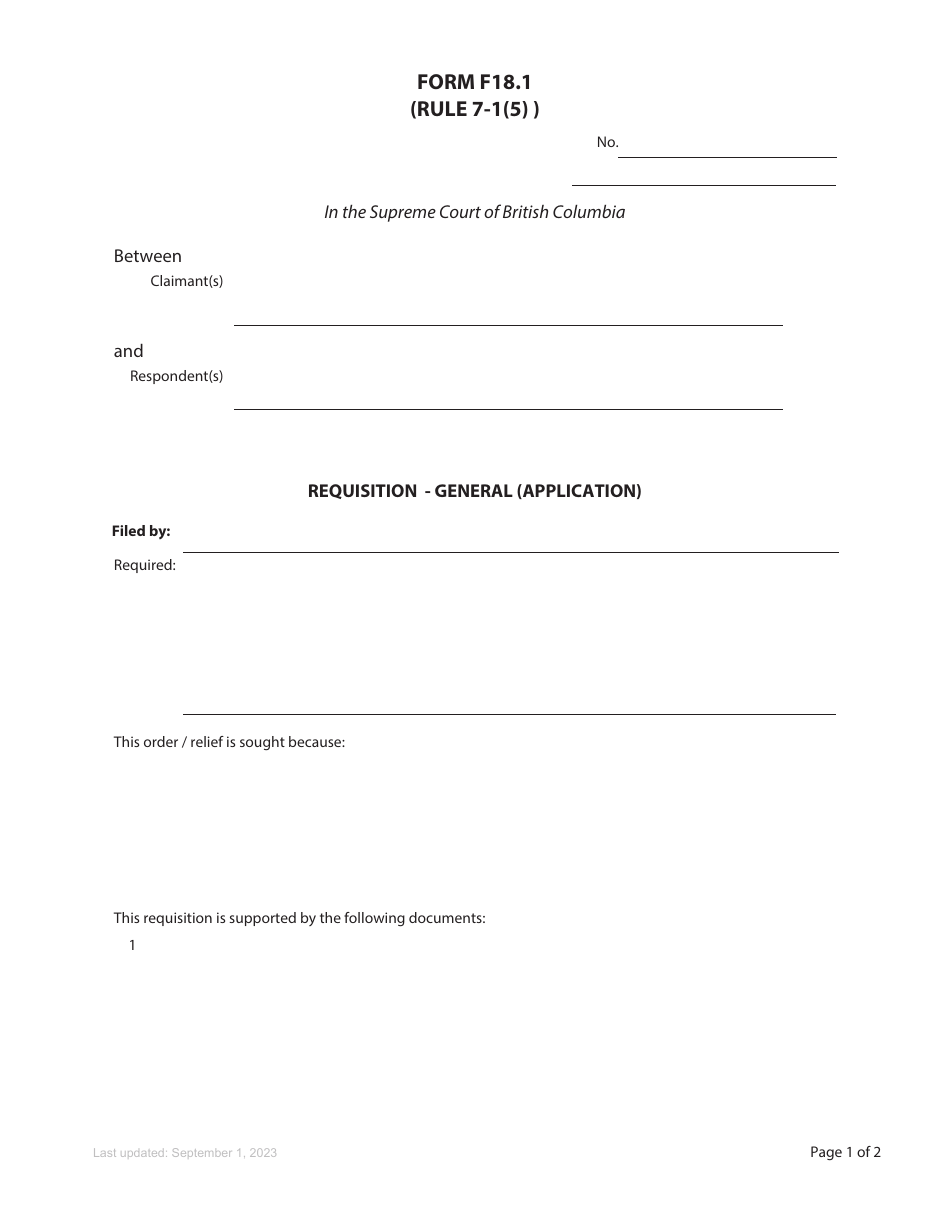 Form F18.1 Requisition - General (Application) - British Columbia, Canada, Page 1