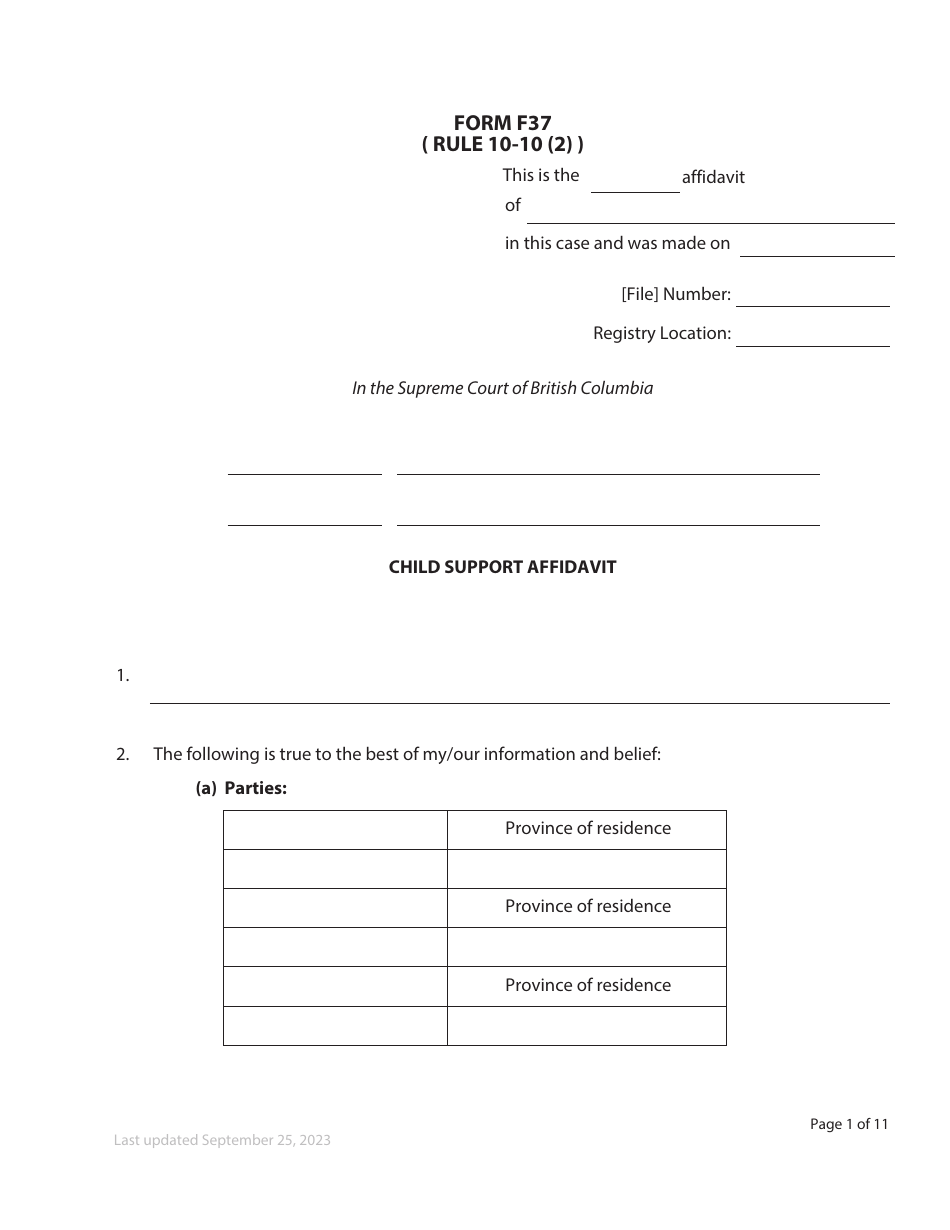 Form F37 Child Support Affidavit - British Columbia, Canada, Page 1