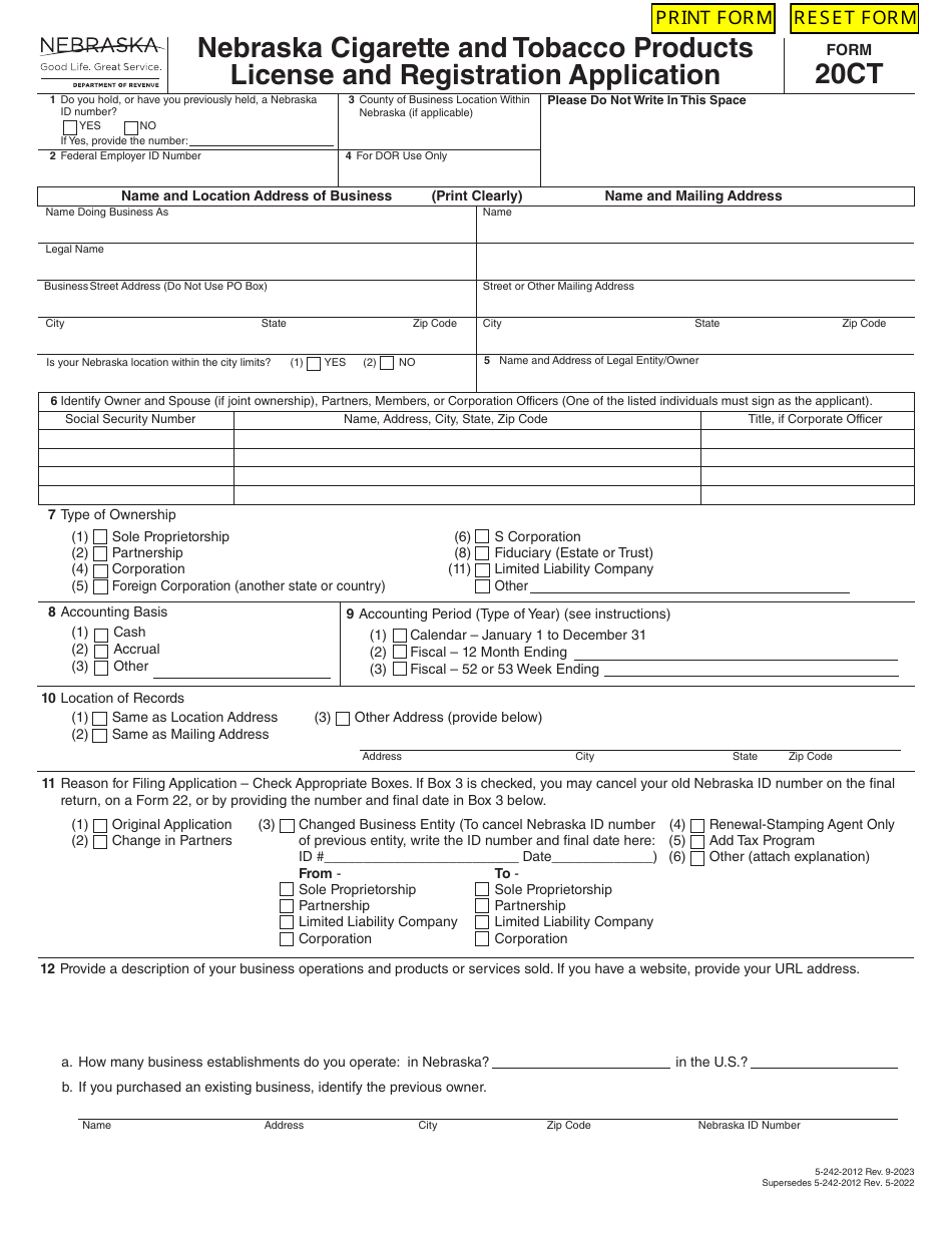 Form 20CT Nebraska Cigarette and Tobacco Products License and Registration Application - Nebraska, Page 1