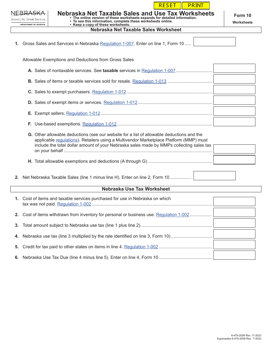 Form 10 Fill Out, Sign Online and Download Fillable PDF, Nebraska Templateroller