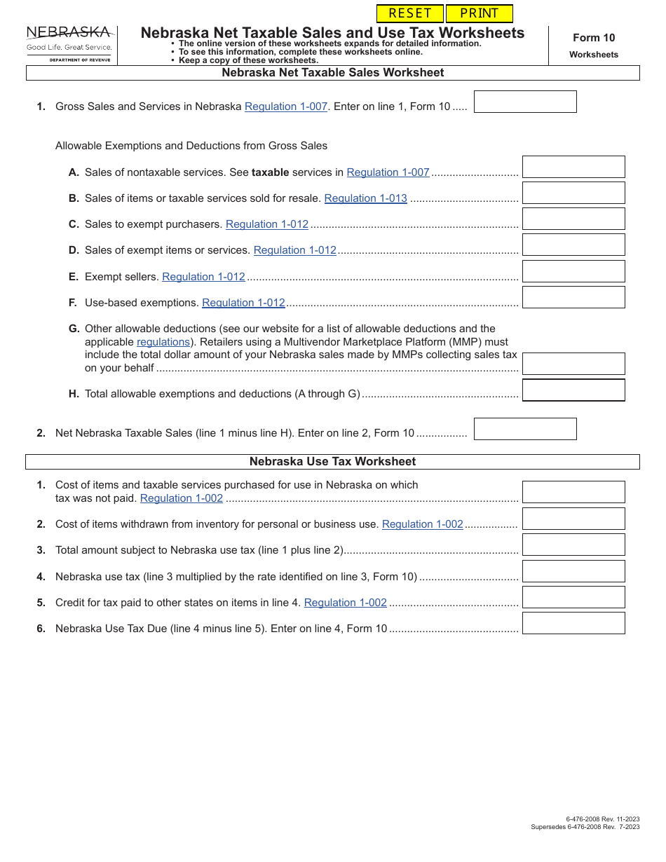 Form 10 Nebraska Net Taxable Sales and Use Tax Worksheets - Nebraska, Page 1