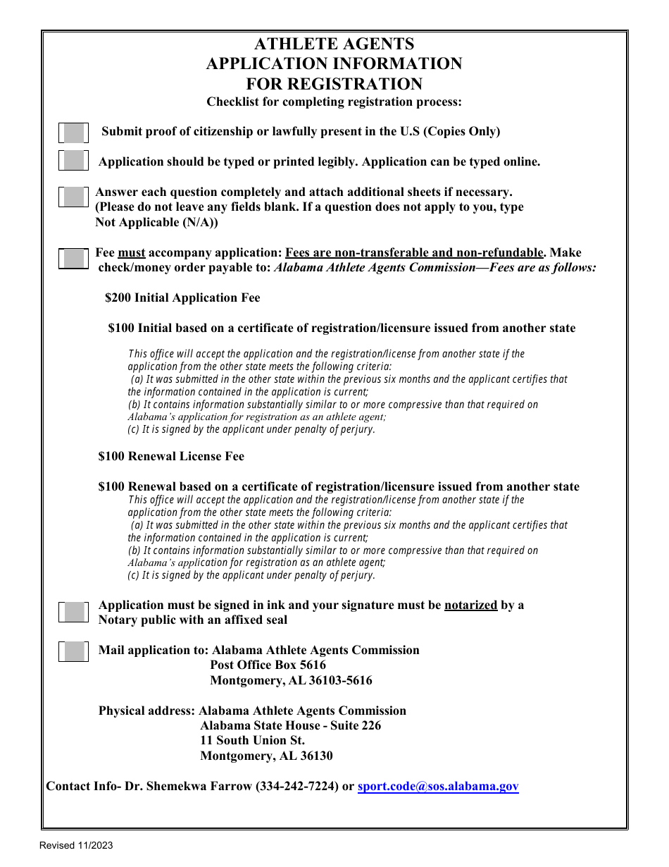 Application for Registration as an Athlete Agents - Alabama, Page 1