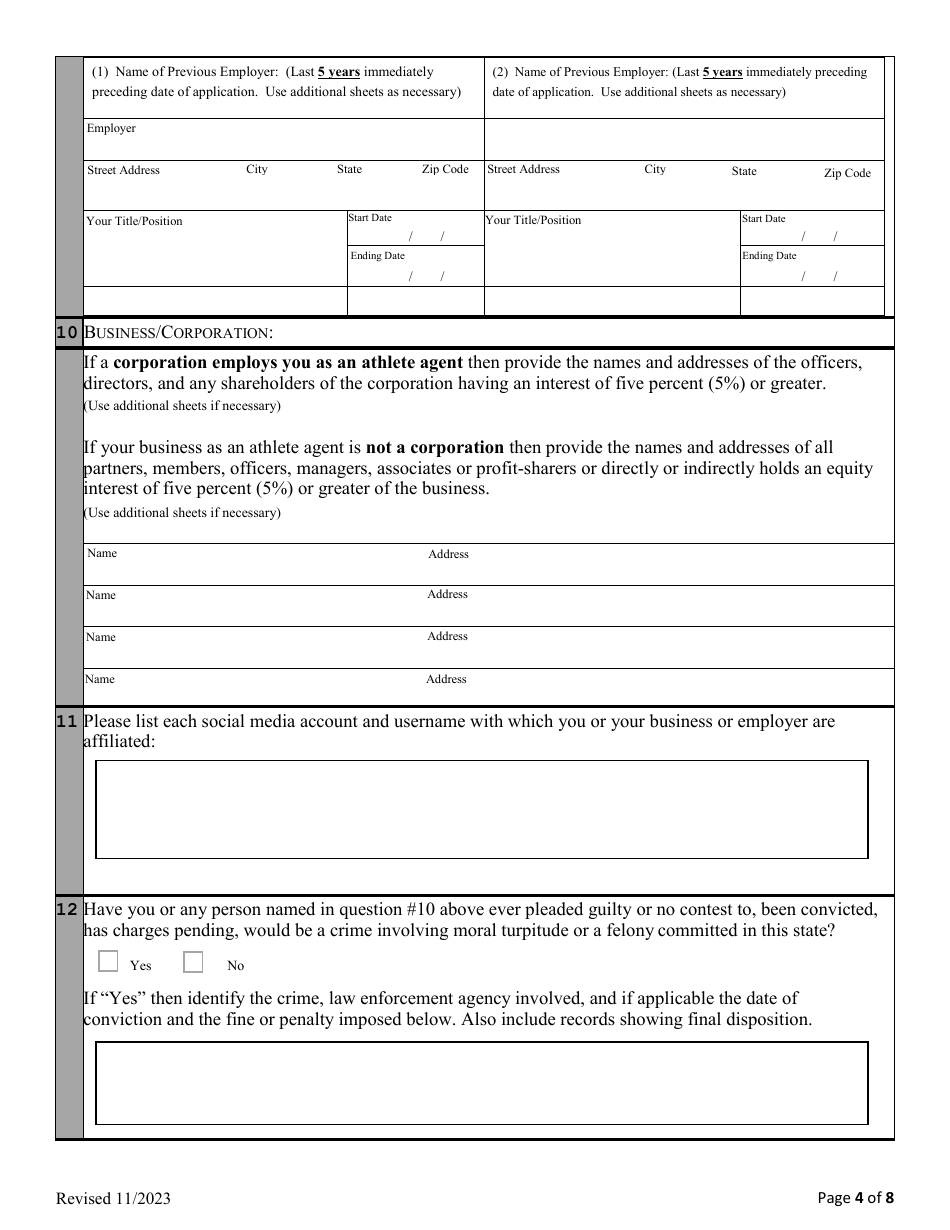 Application for Registration as an Athlete Agents - Alabama, Page 5