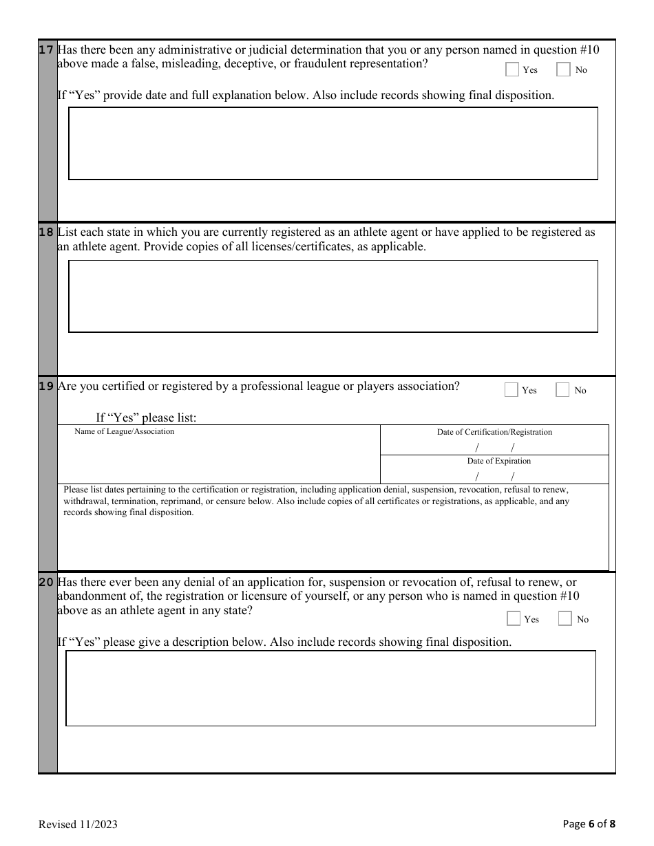 Application for Registration as an Athlete Agents - Alabama, Page 7