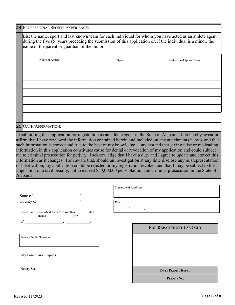 Application for Registration as an Athlete Agents - Alabama, Page 9