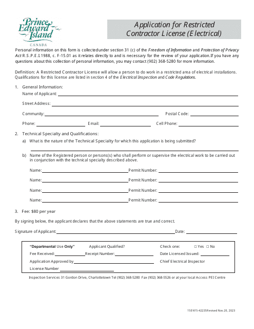 Form 15EN15-42235 Application for Restricted Contractor License (Electrical) - Prince Edward Island, Canada