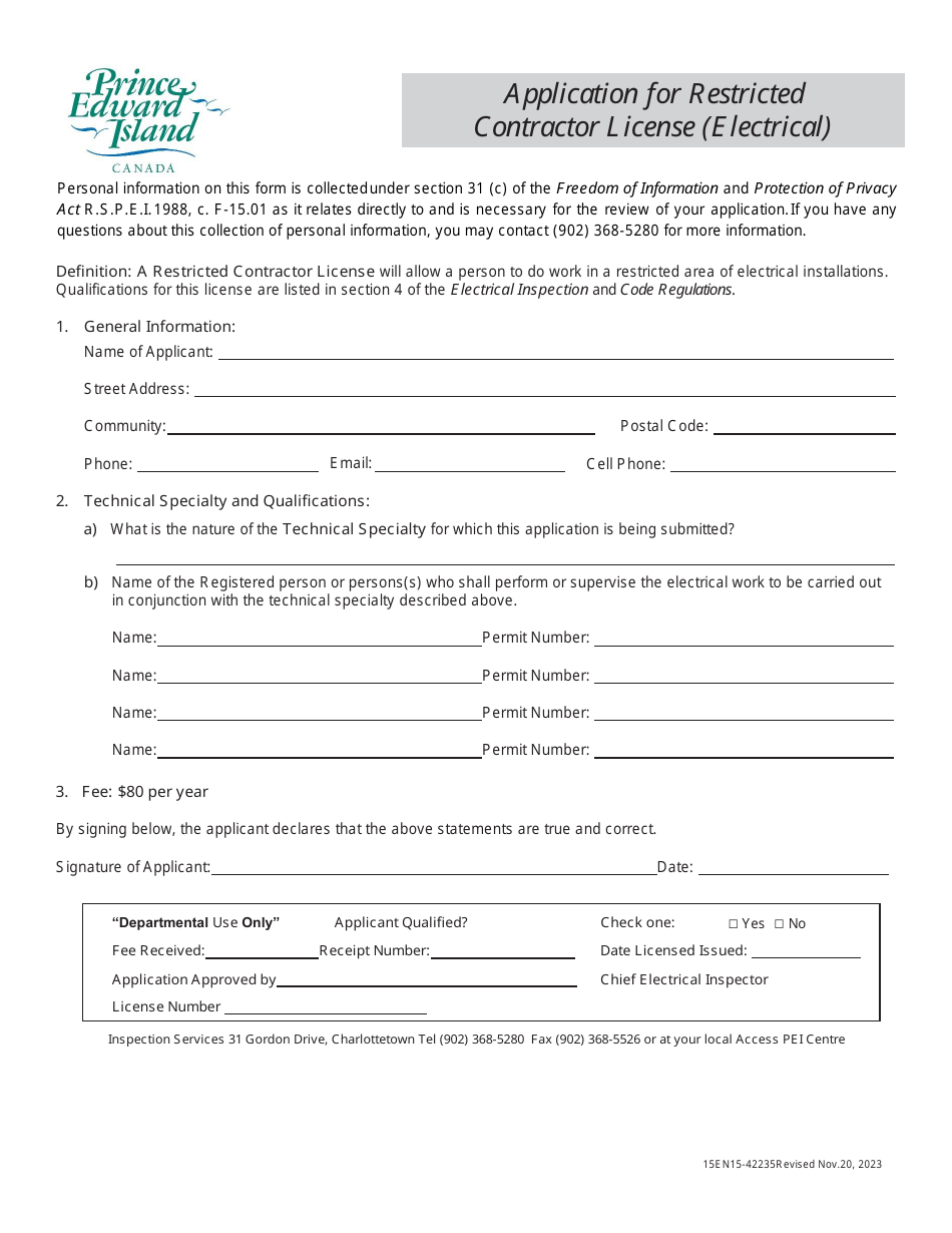 Form 15EN15-42235 Application for Restricted Contractor License (Electrical) - Prince Edward Island, Canada, Page 1