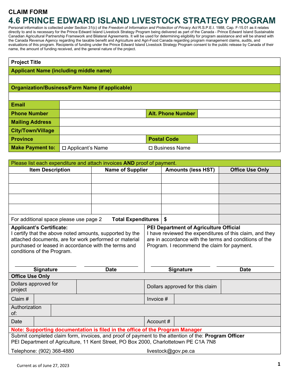 Claim Form - Prince Edward Island Livestock Strategy Program - Prince Edward Island, Canada, Page 1