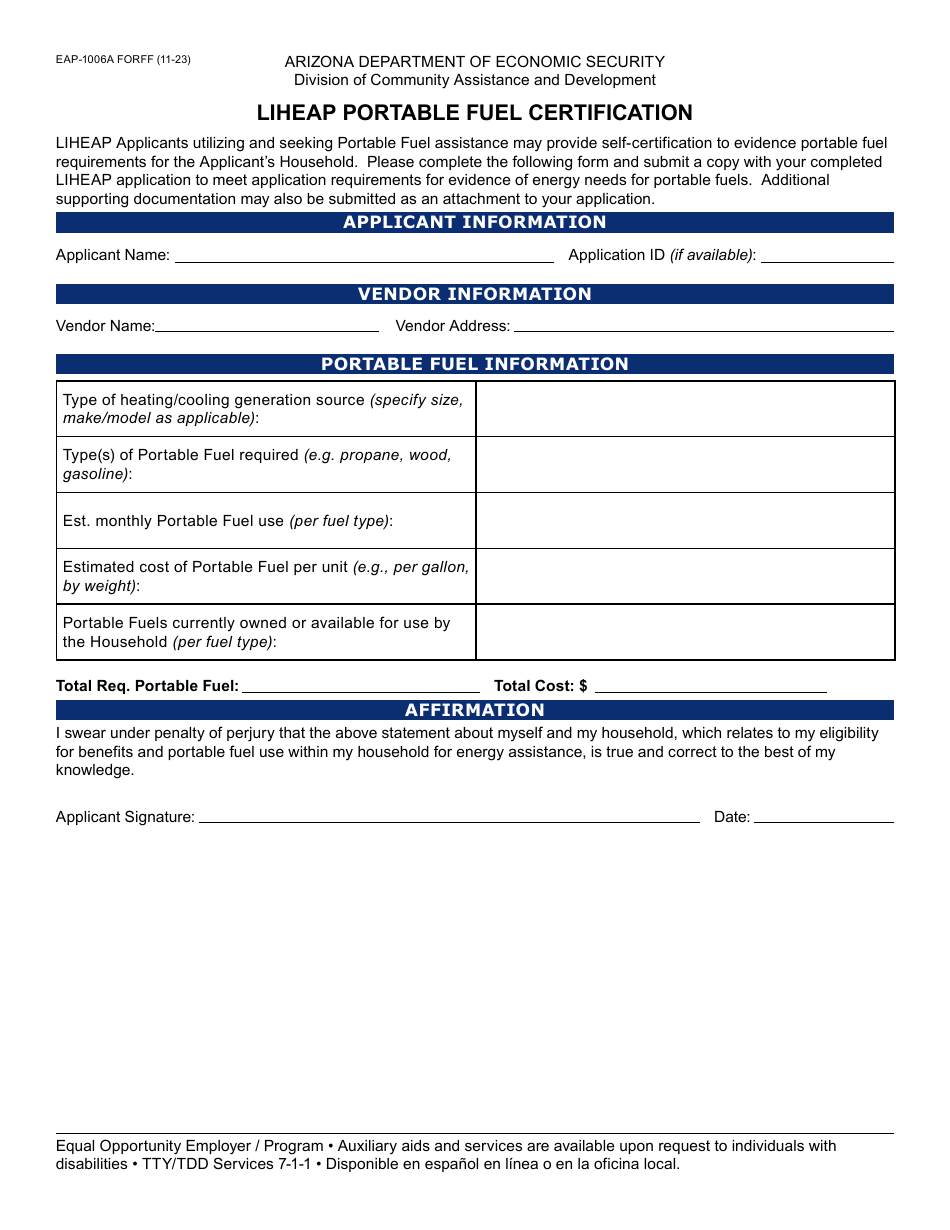 Form EAP-1006A Liheap Portable Fuel Certification - Arizona, Page 1