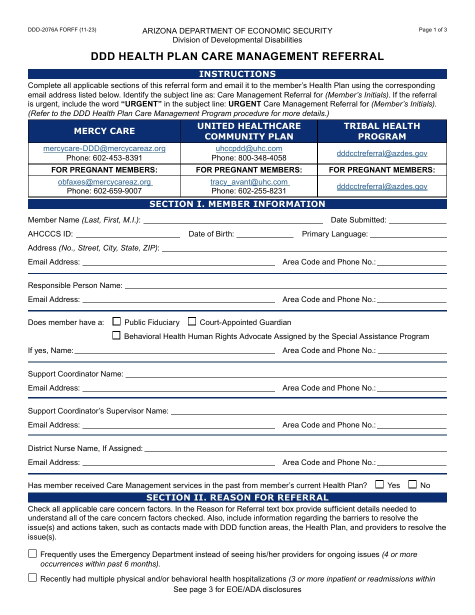Form DDD-2076A Ddd Health Plan Care Management Referral - Arizona, Page 1