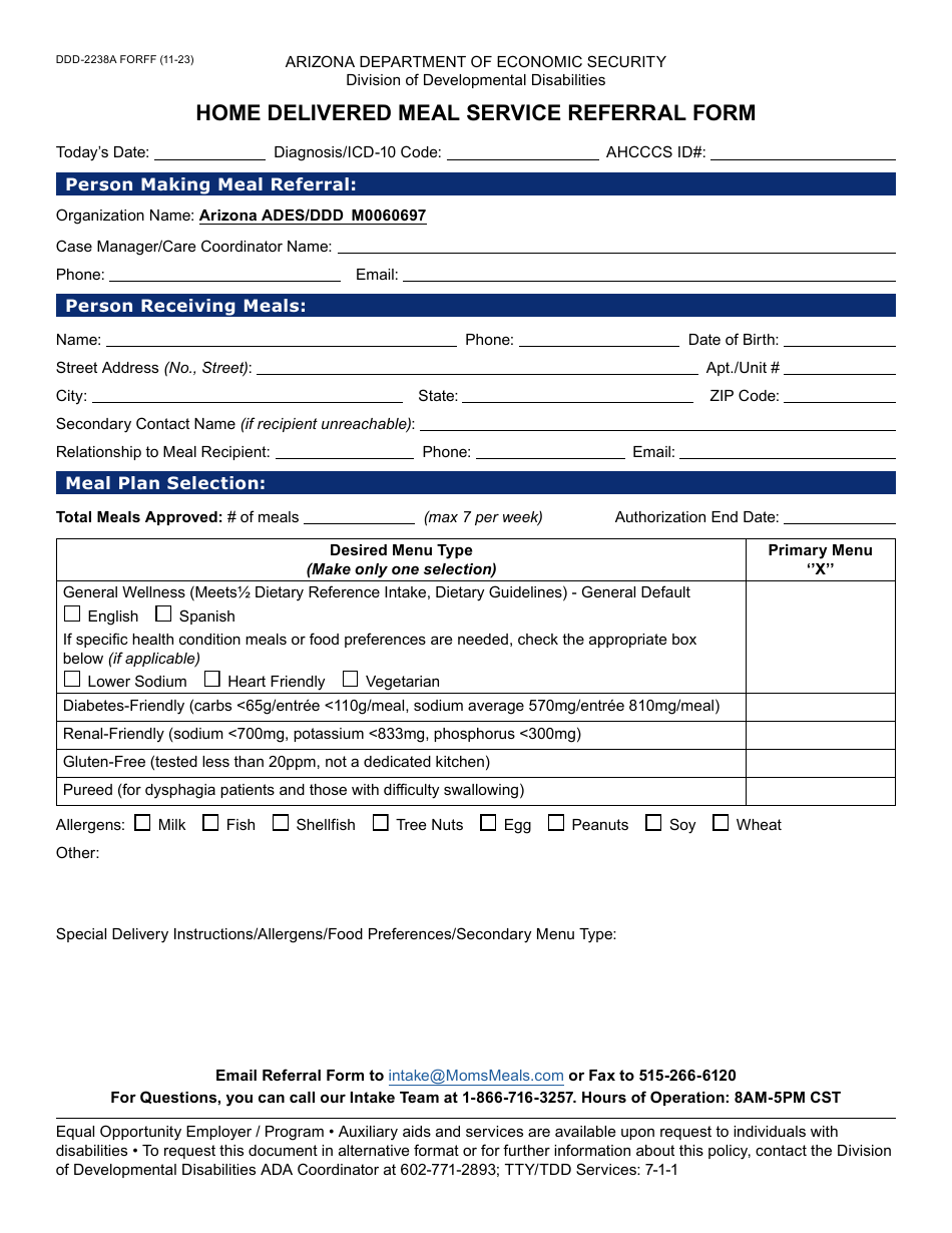Form DDD-2238A Home Delivered Meal Service Referral Form - Arizona, Page 1
