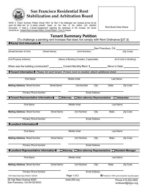 Form 518 Tenant Summary Petition - City and County of San Francisco, California