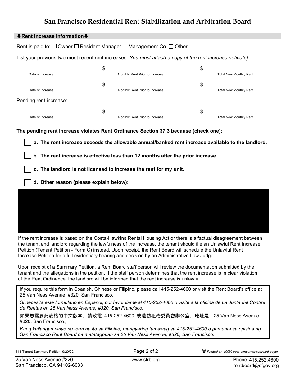 Form 518 Tenant Summary Petition - City and County of San Francisco, California, Page 2