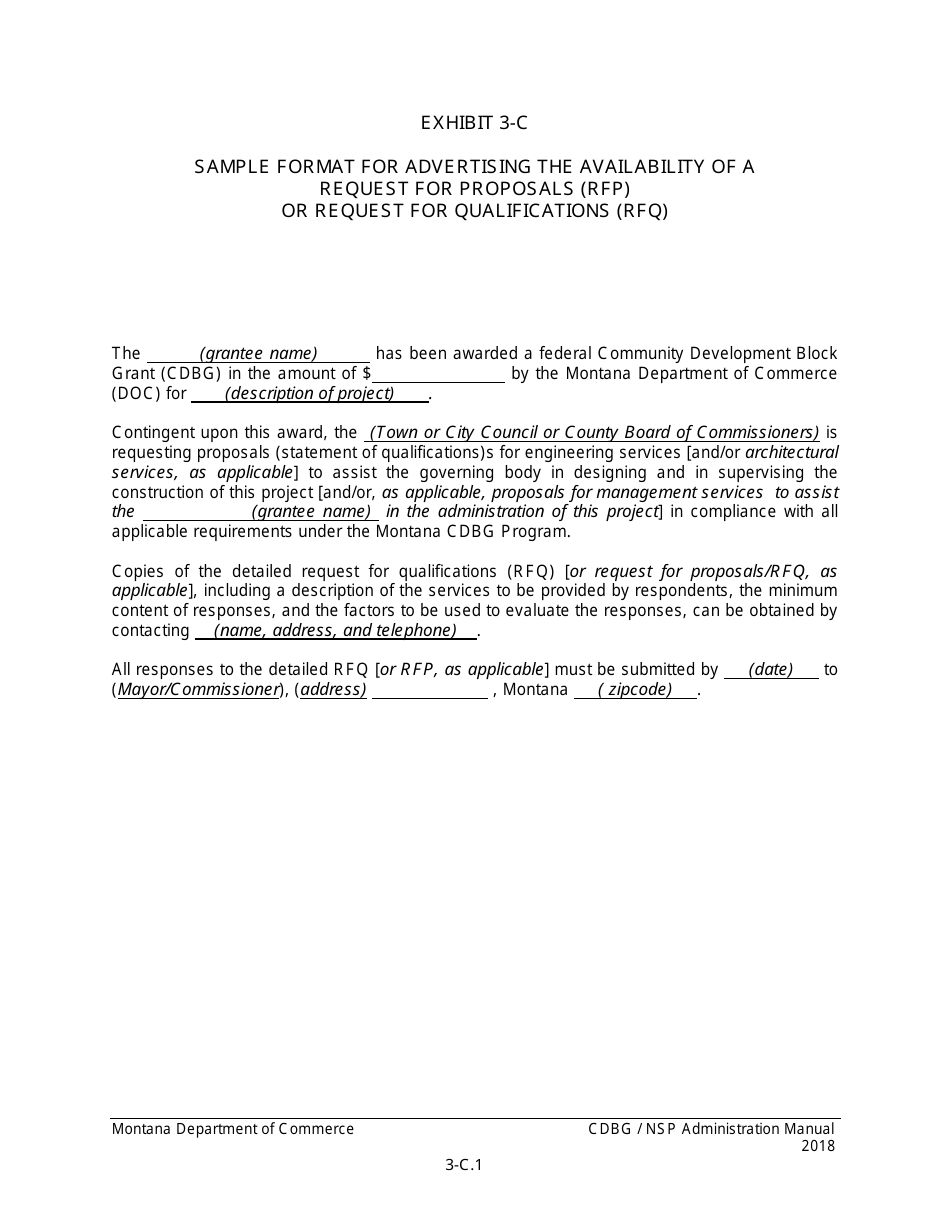 Exhibit 3-C Format for Advertising the Availability of a Request for Proposals (Rfp) or Request for Qualifications (Rfq) - Sample - Montana, Page 1