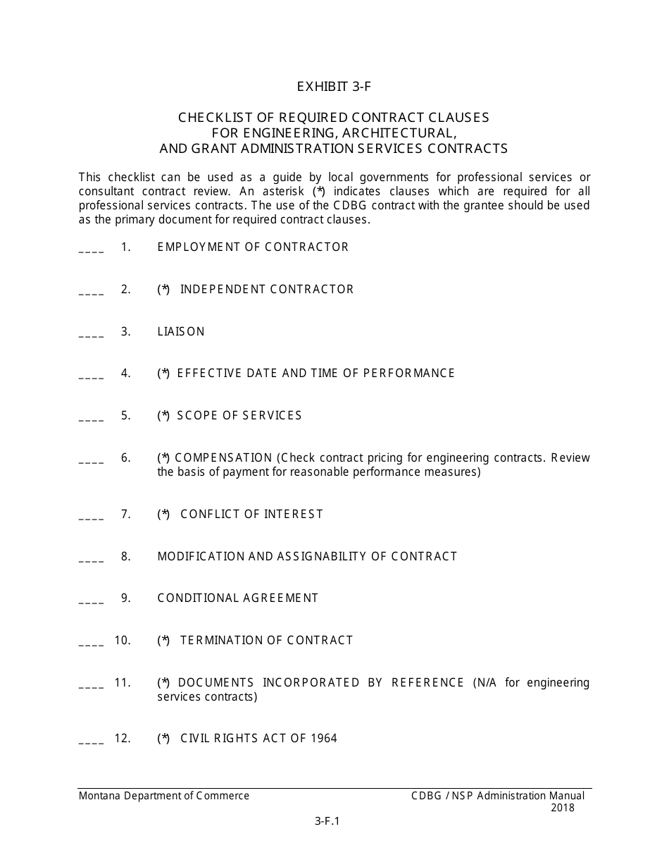 Exhibit 3-F Checklist of Required Contract Clauses for Engineering, Architectural, and Grant Administration Services Contracts - Montana, Page 1