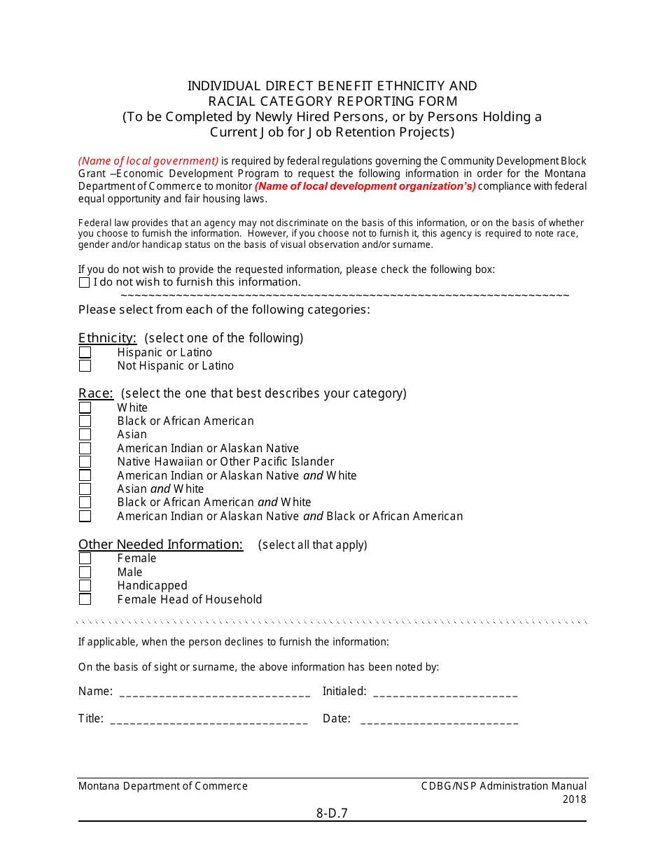 Exhibit 8-D Calculation of Benefit to Low and Moderate Income Persons and Race and Ethnicity Categories - Montana, Page 7