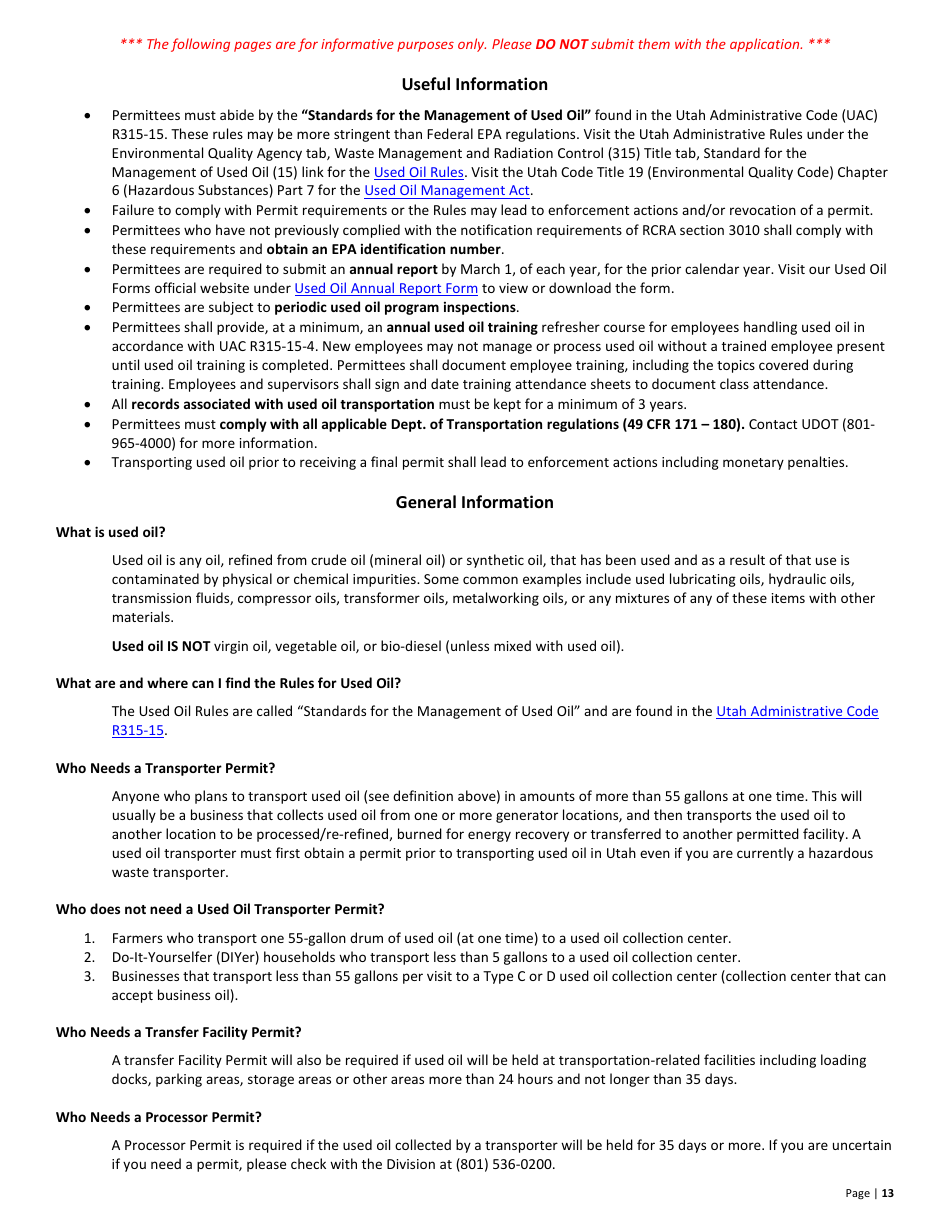 Used Oil Transporter Application  10-year Renewal - Utah, Page 13