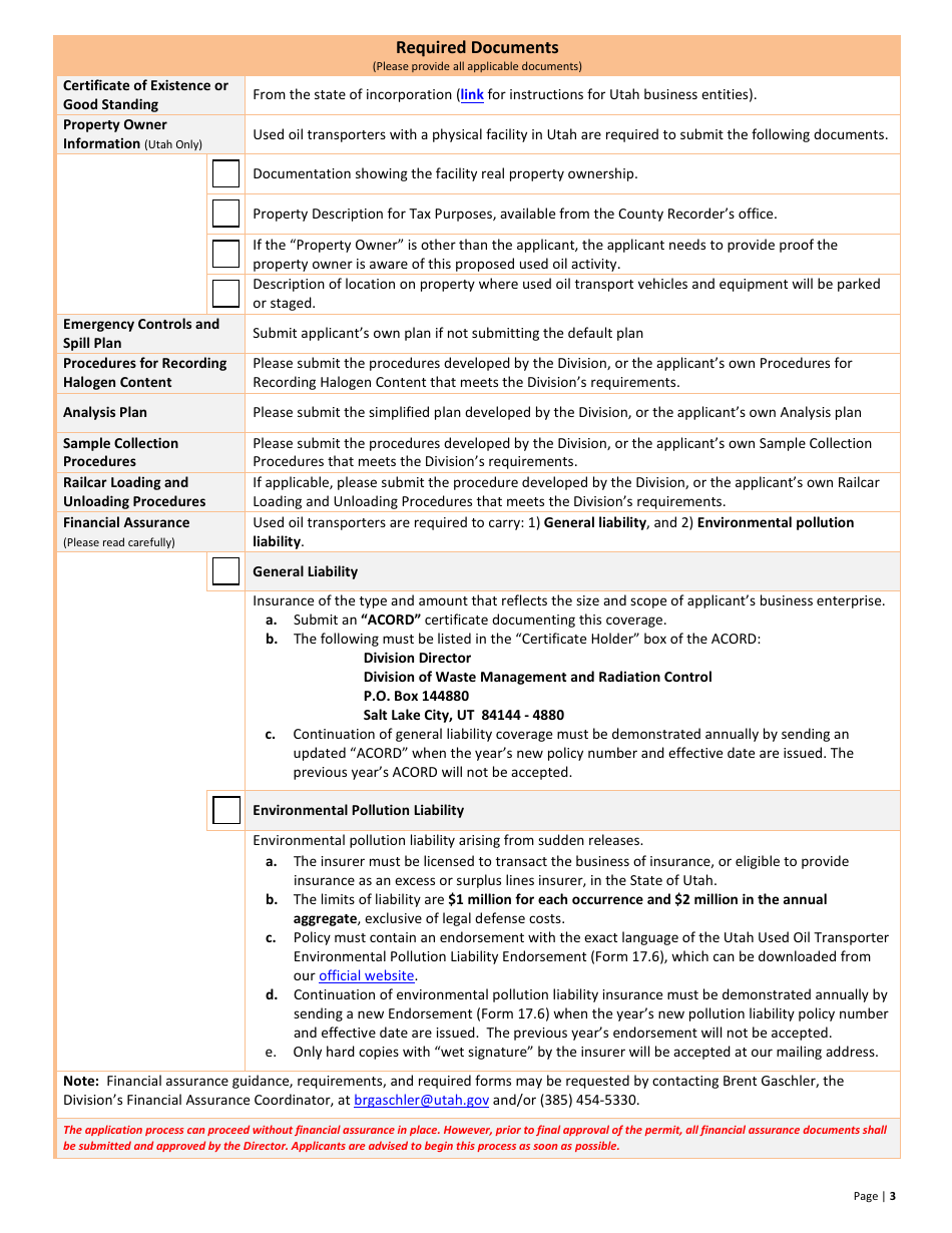 Used Oil Transporter Application  10-year Renewal - Utah, Page 3