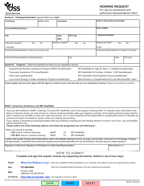 Form IM-85 Hearing Request - Missouri