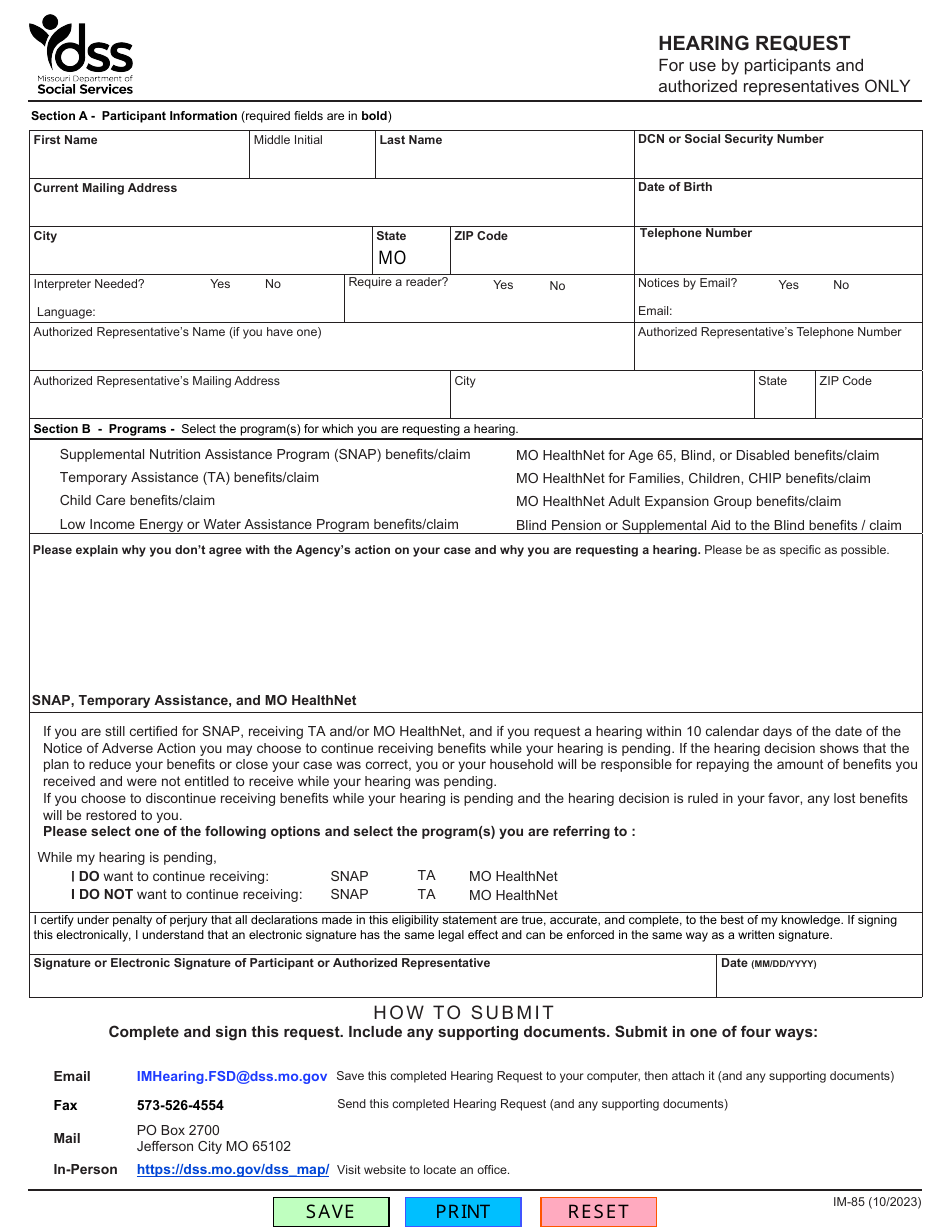 Form IM-85 Download Fillable PDF or Fill Online Hearing Request ...