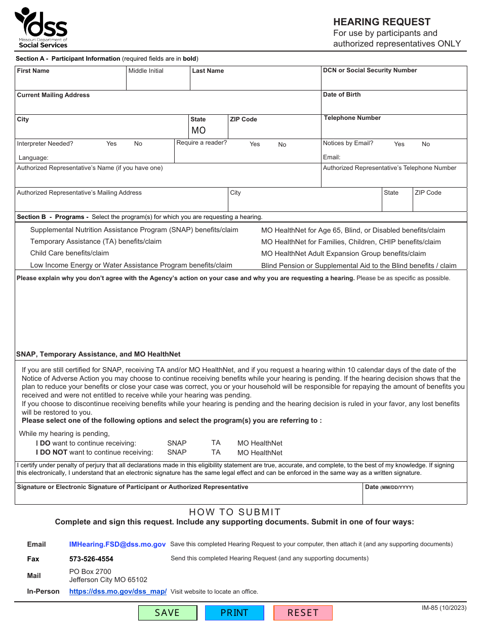 Form IM-85 Hearing Request - Missouri, Page 1