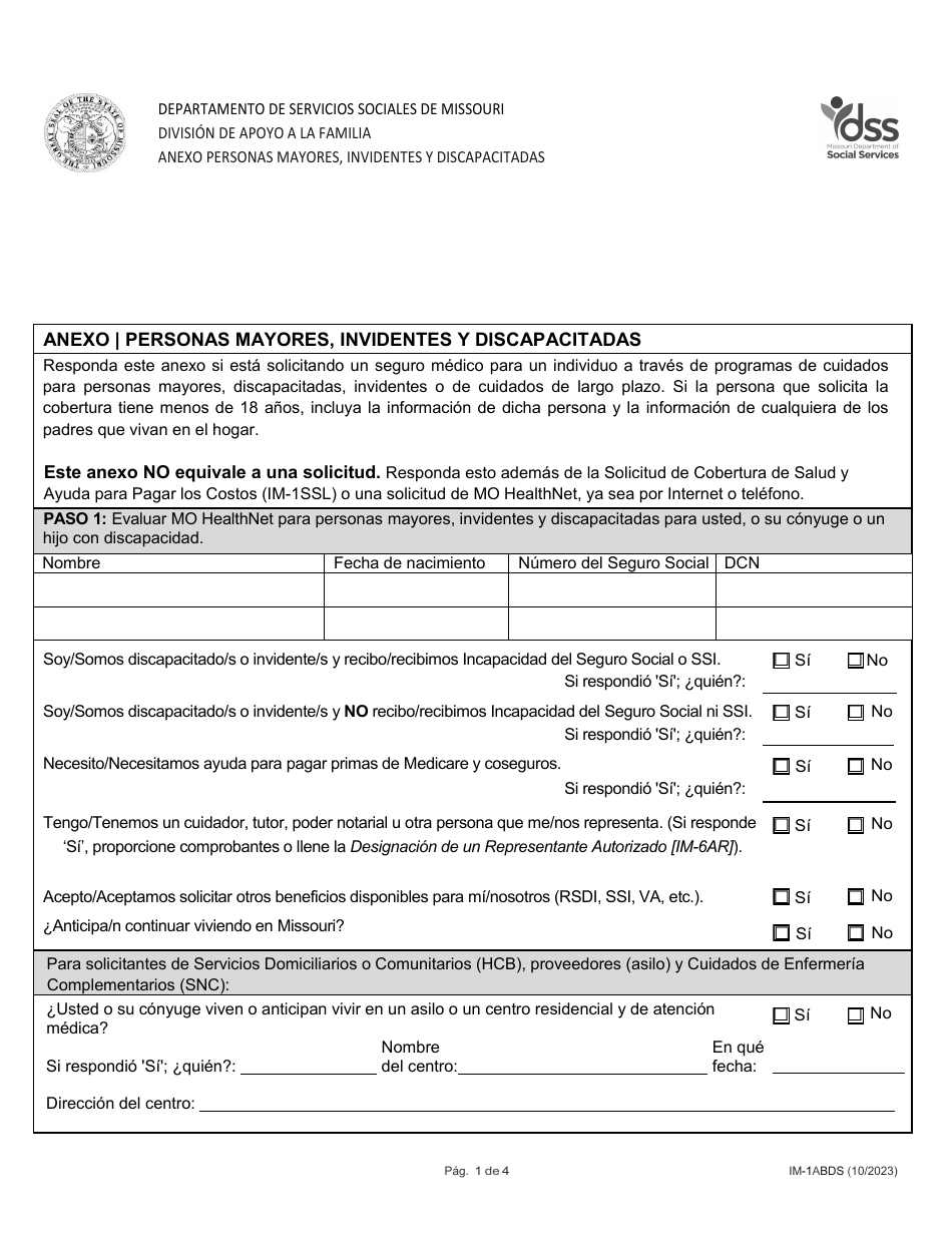 Formulario IM-1ABDS Anexo - Personas Mayores, Invidentes Y Discapacitadas - Missouri (Spanish), Page 1