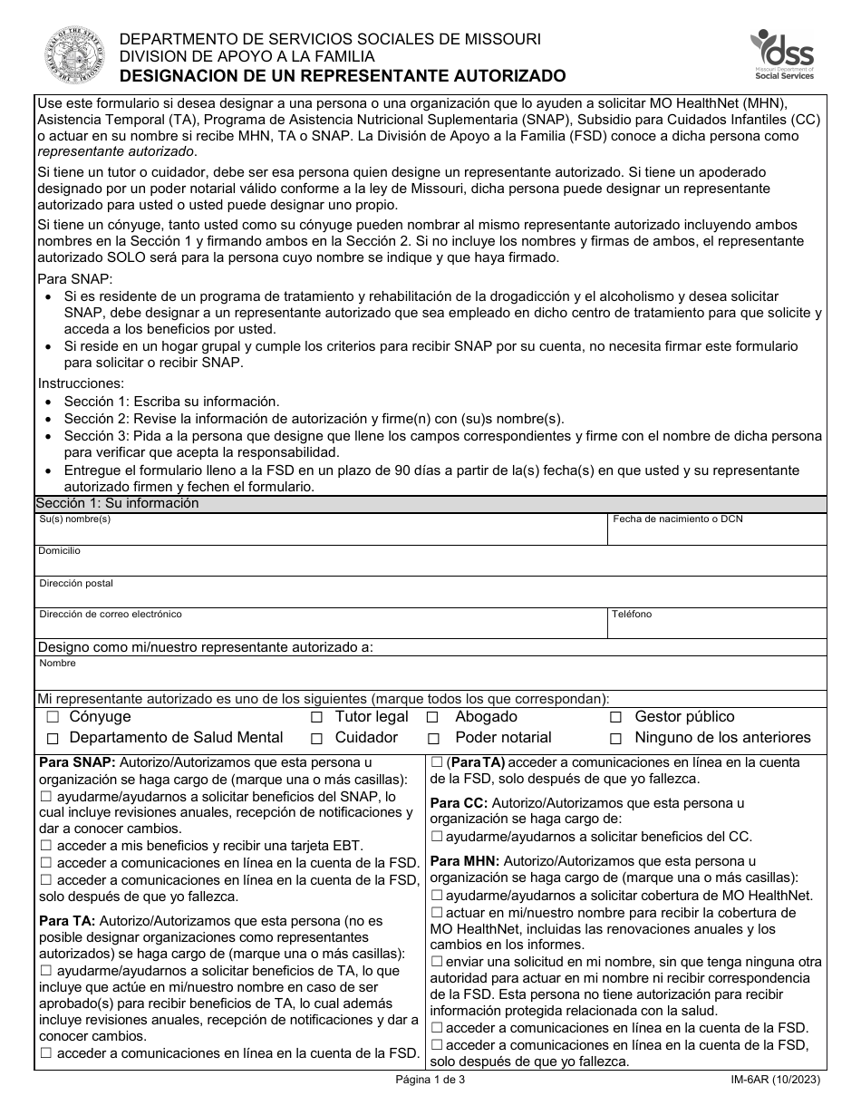 Formulario IM-6AR Designacion De Un Representante Autorizado - Missouri (Spanish), Page 1