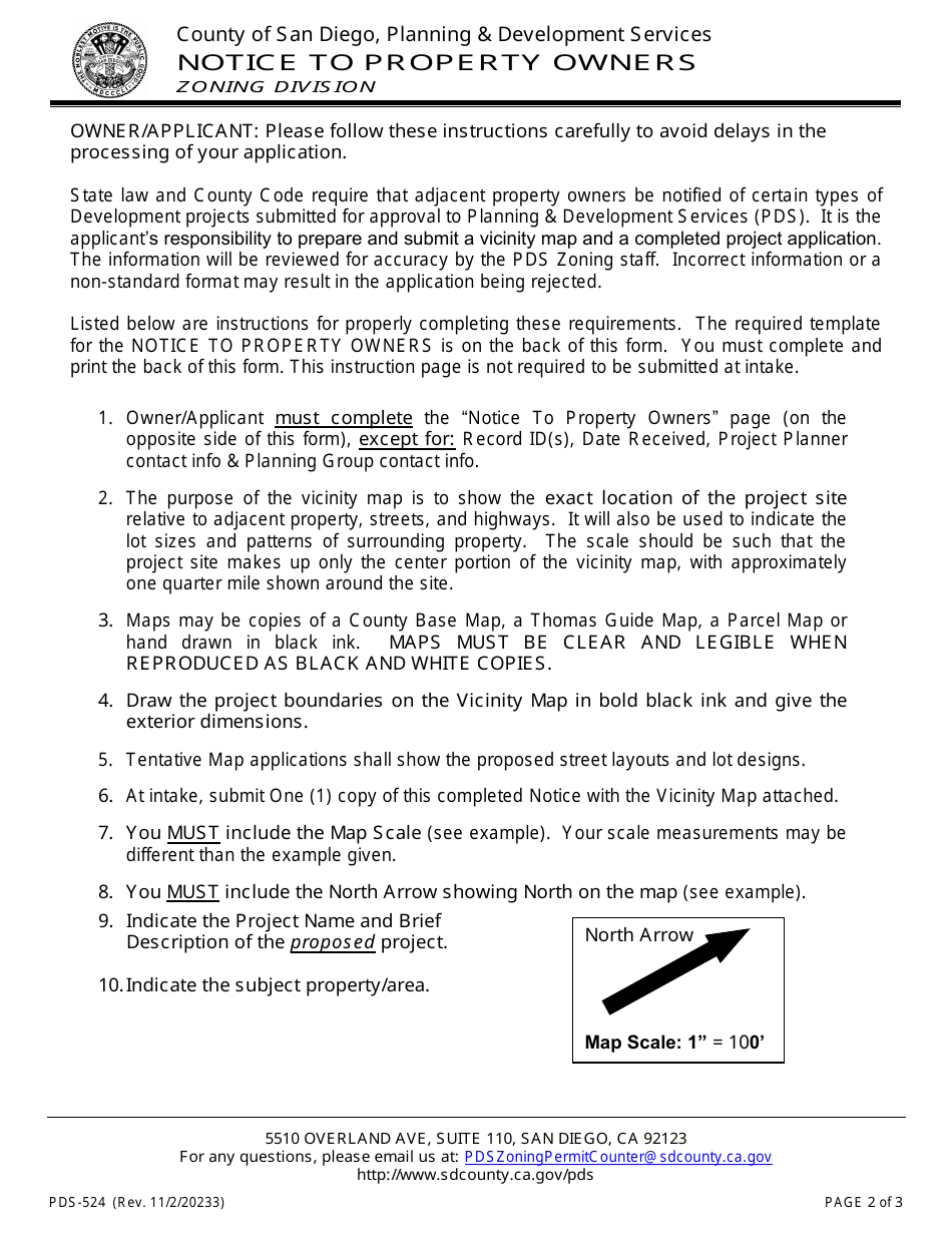 Form PDS-524 Notice to Property Owners - County of San Diego, California, Page 2