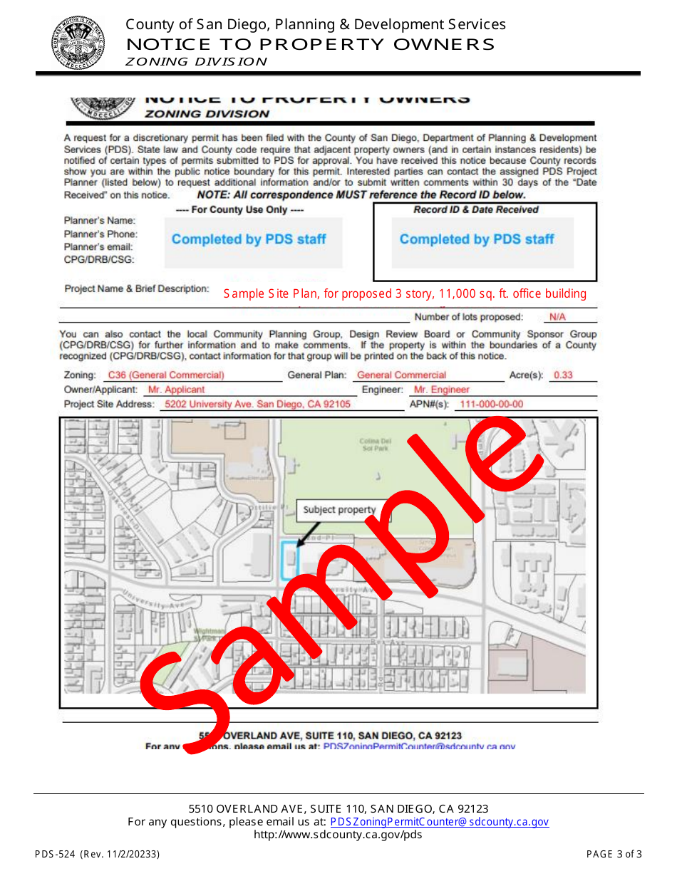Form PDS-524 Notice to Property Owners - County of San Diego, California, Page 3