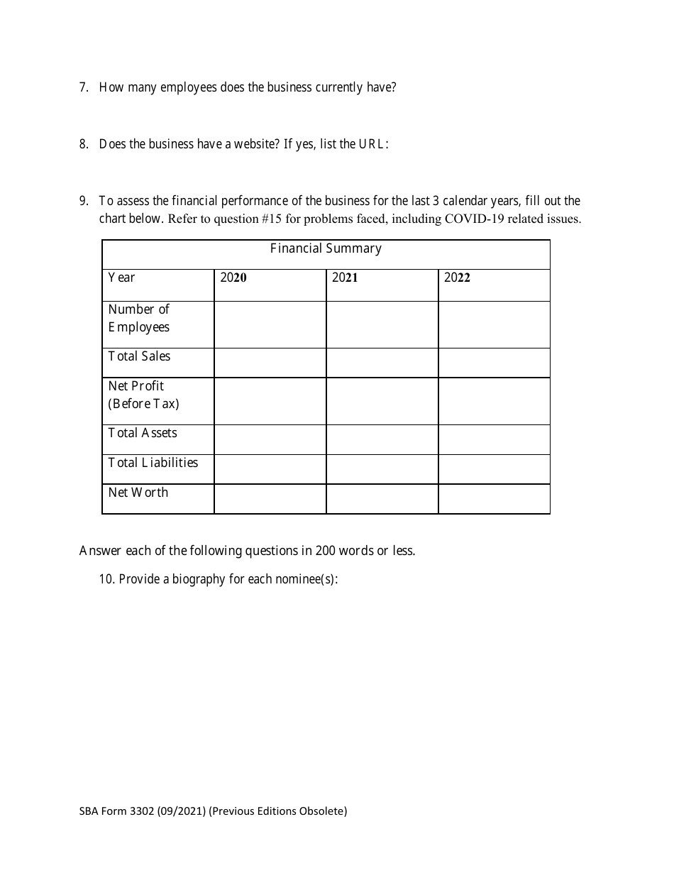 SBA Form 3302 Nomination Form for Small Business Exporter of the Year - National Small Business Week, Page 3