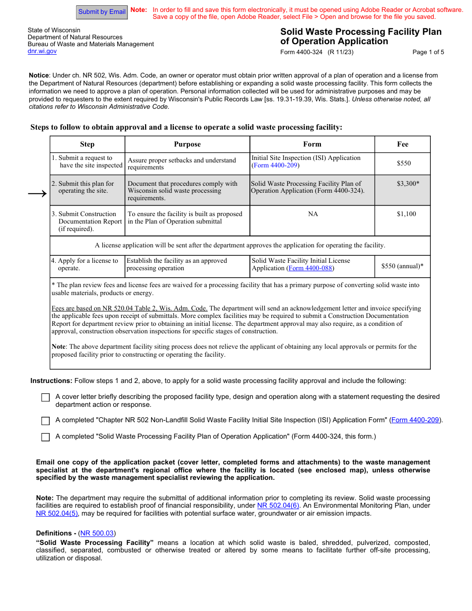 Form 4400-324 Solid Waste Processing Facility Plan of Operation Application - Wisconsin, Page 1