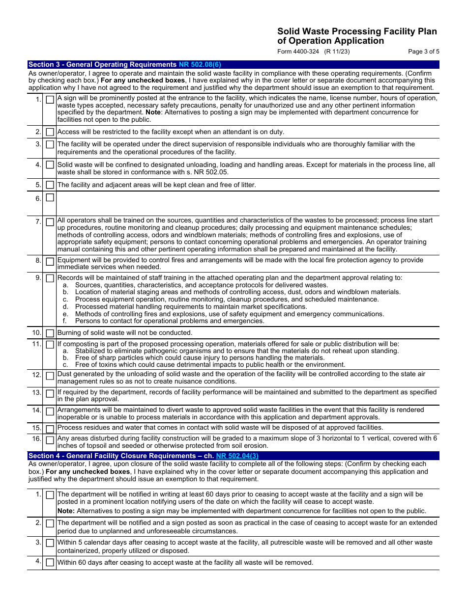Form 4400-324 Solid Waste Processing Facility Plan of Operation Application - Wisconsin, Page 3