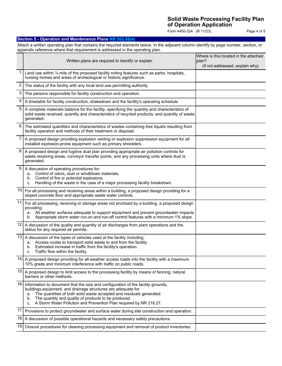 Form 4400-324 Solid Waste Processing Facility Plan of Operation Application - Wisconsin, Page 4