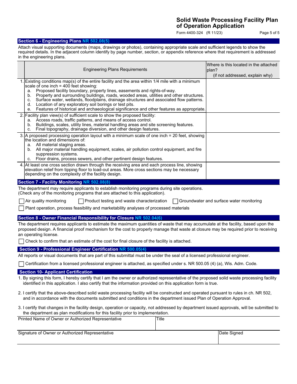 Form 4400-324 Solid Waste Processing Facility Plan of Operation Application - Wisconsin, Page 5