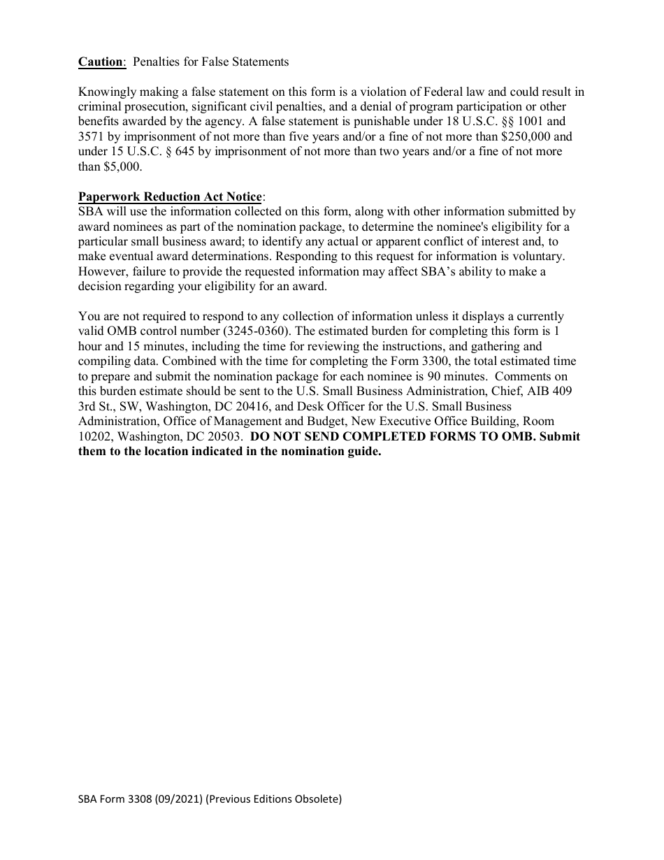 SBA Form 3308 Nomination Form for Dwight D. Eisenhower Award for Excellence - National Small Business Week, Page 8