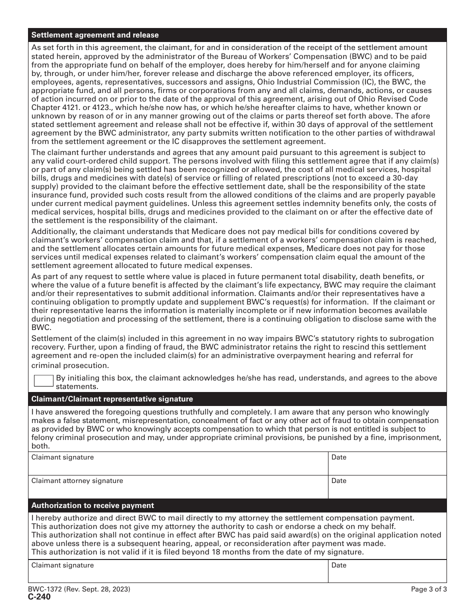 Form C-240 (BWC-1372) Settlement Agreement and Application for Approval of Settlement Agreement - Ohio, Page 4