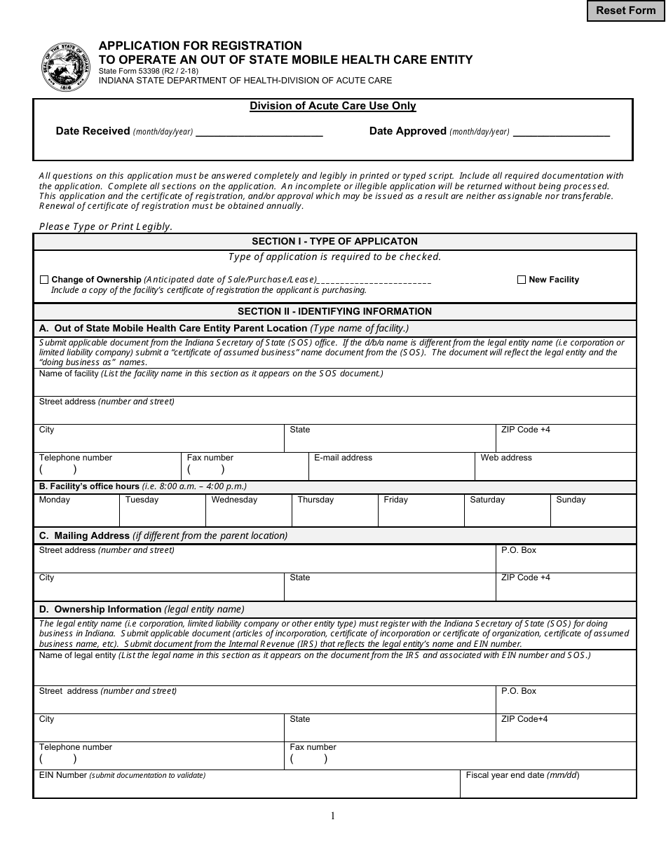 State Form 53398 Application for Registration to Operate an out of State Mobile Health Care Entity - Indiana, Page 1