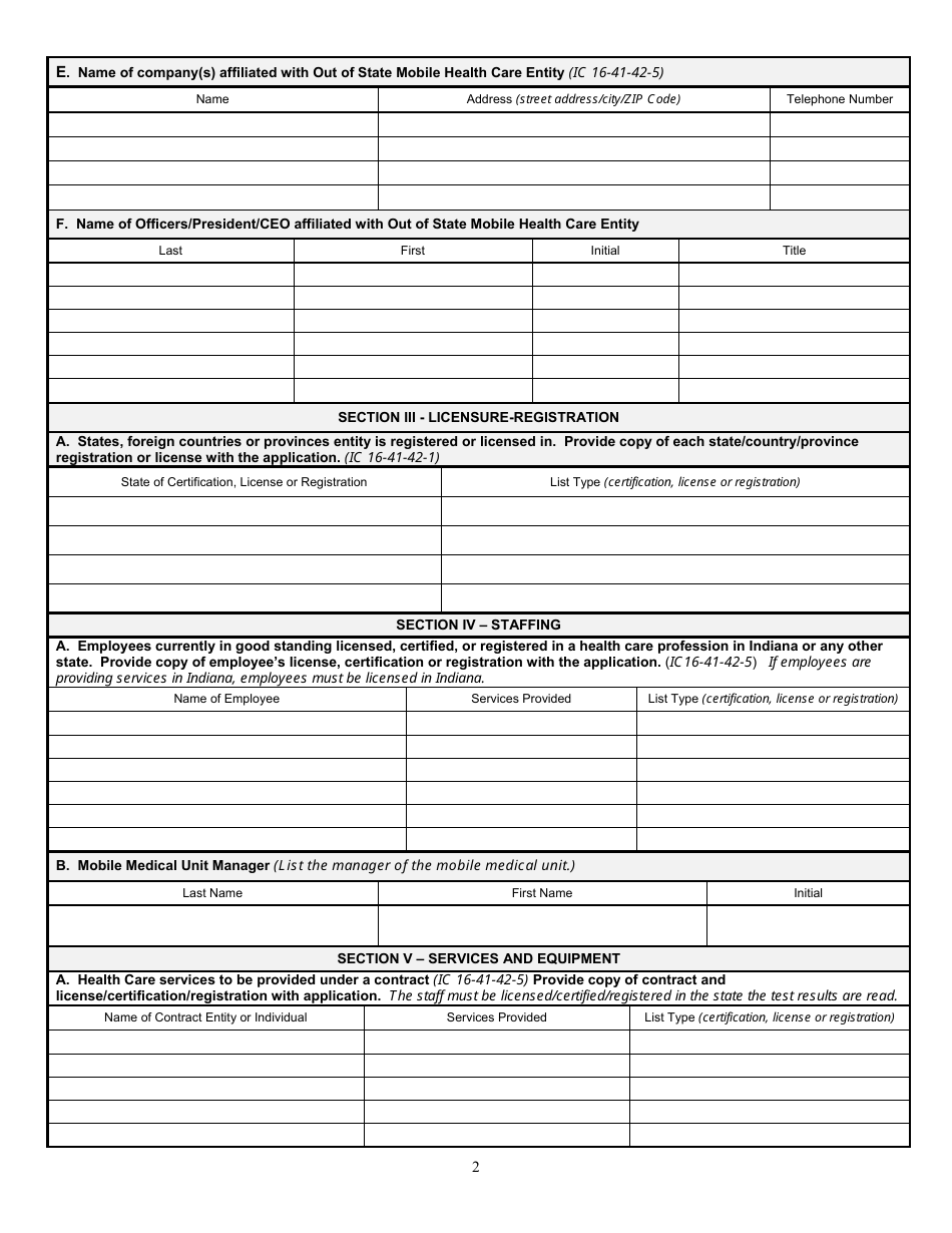 State Form 53398 Application for Registration to Operate an out of State Mobile Health Care Entity - Indiana, Page 2
