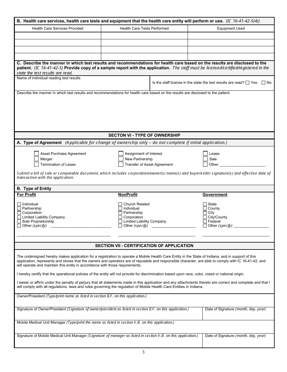 State Form 53398 Application for Registration to Operate an out of State Mobile Health Care Entity - Indiana, Page 3