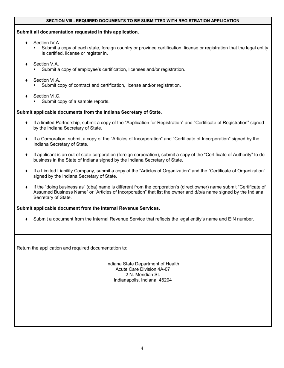 State Form 53398 Application for Registration to Operate an out of State Mobile Health Care Entity - Indiana, Page 4