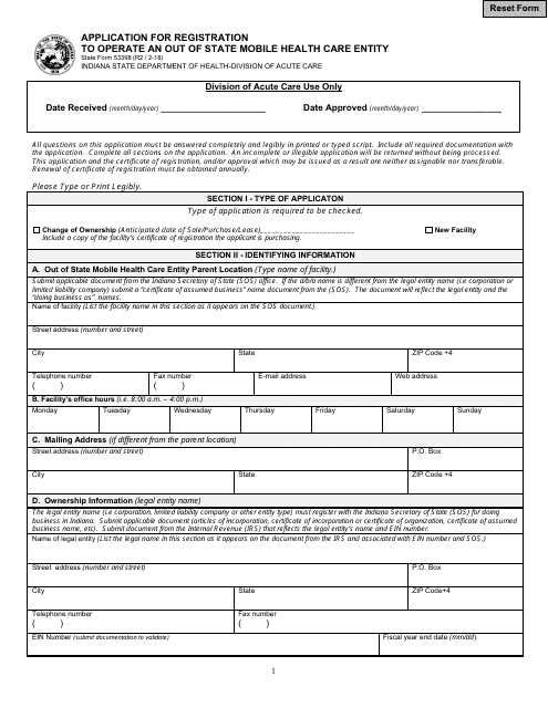 State Form 53398 Application for Registration to Operate an out of State Mobile Health Care Entity - Indiana