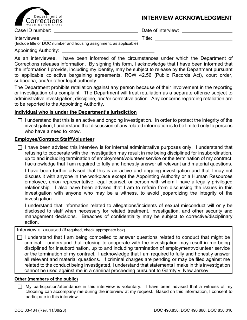 Form DOC03-484 Interview Acknowledgment - Washington, Page 1