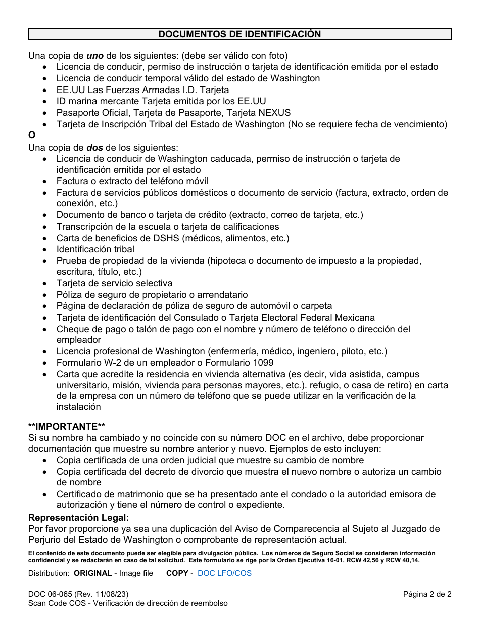 Formulario DOC06-065S Costo De Reembolso De Supervision Verificacion De Direccion - Washington (Spanish), Page 2
