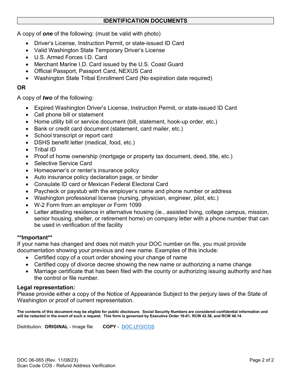 Form DOC06-065 Cost of Supervision Refund Address Verification - Washington, Page 2
