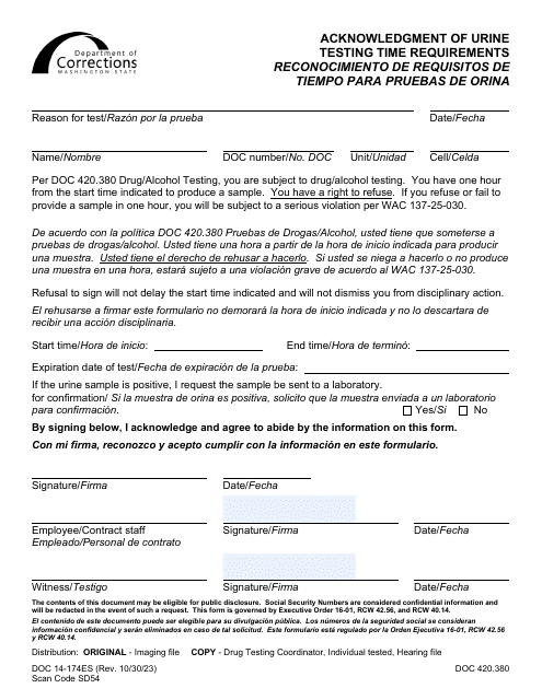 Form DOC14-174ES Acknowledgment of Urine Testing Time Requirements - Washington (English/Spanish)