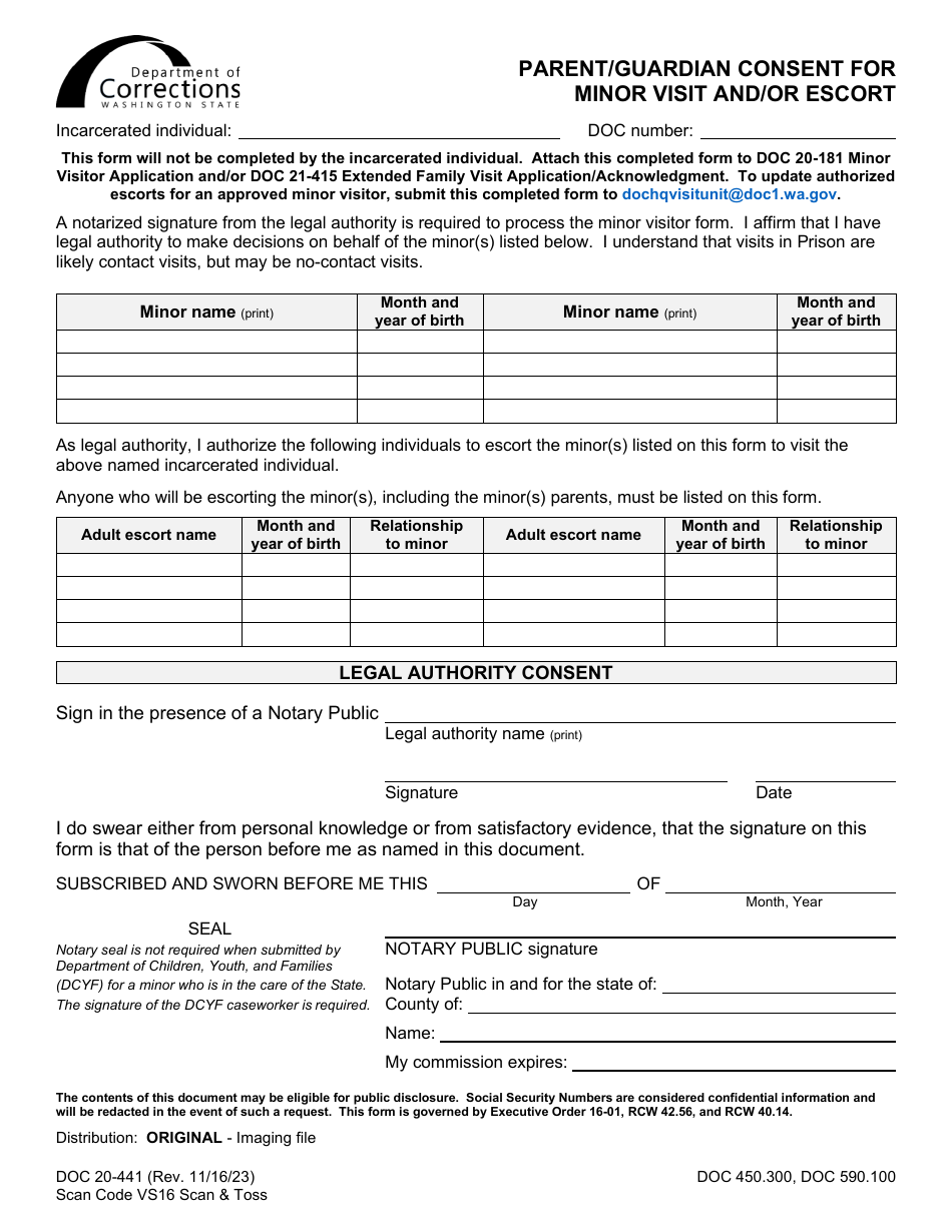 Form DOC20-441 Parent / Guardian Consent for Minor Visit and / or Escort - Washington, Page 1