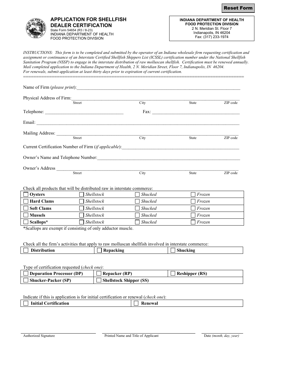 State Form 54654 Application for Shellfish Dealer Certification - Indiana, Page 1