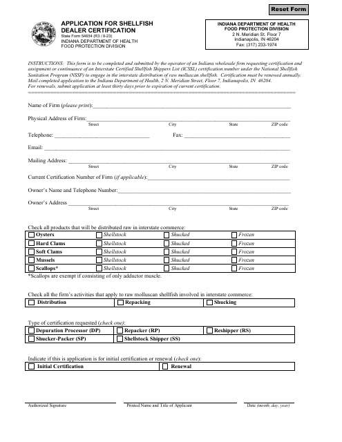 State Form 54654 Application for Shellfish Dealer Certification - Indiana