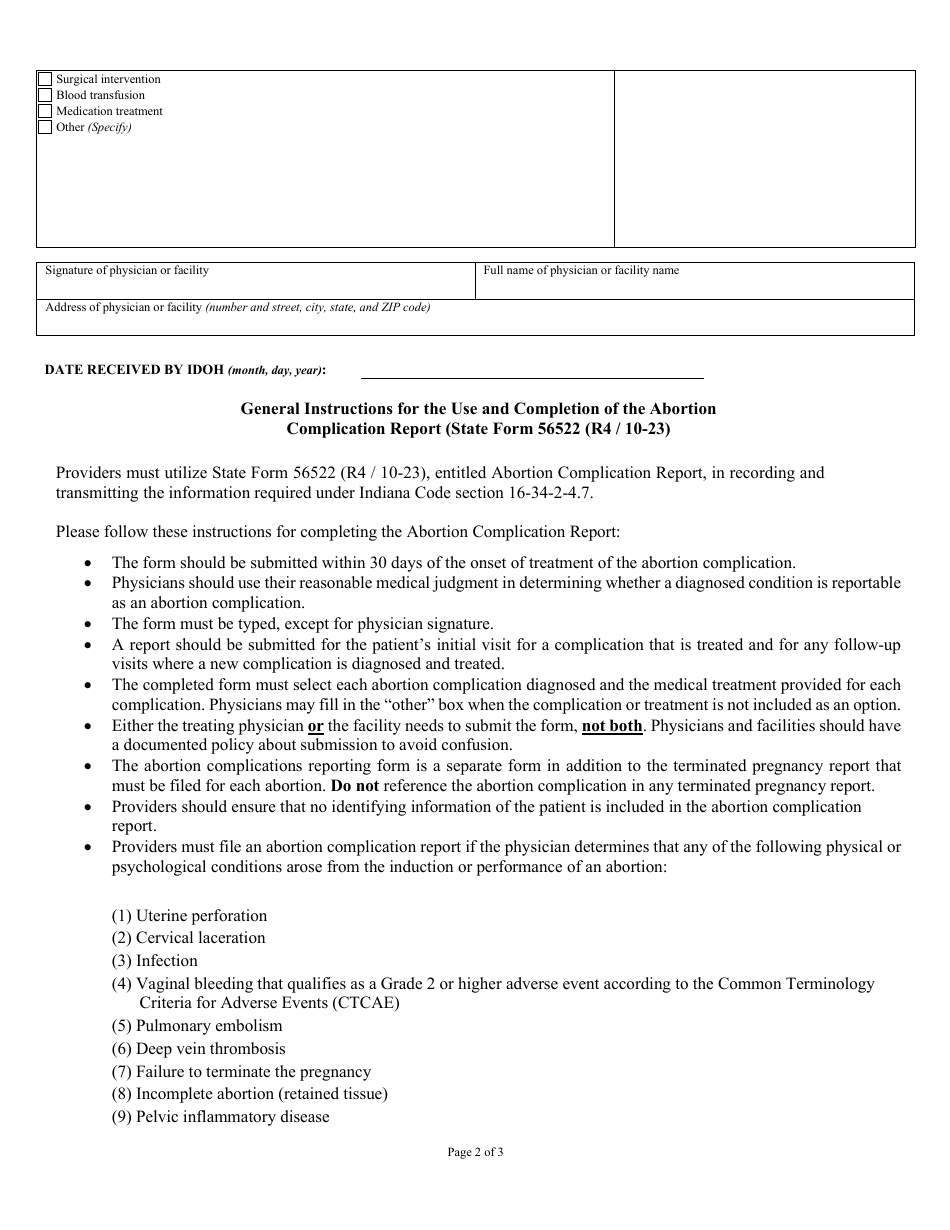 State Form 56522 Abortion Complication Report - Indiana, Page 2