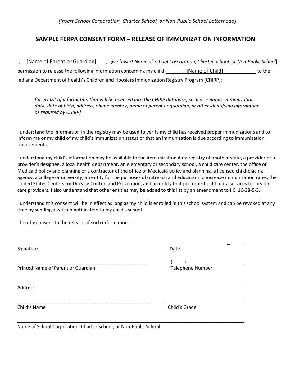 Indiana Sample Ferpa Consent Form Release Of Immunization Information